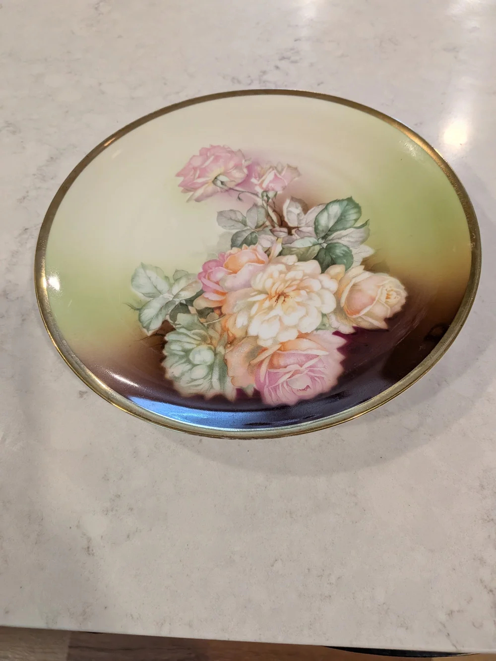 Floral Hand-Painted Porcelain Plate with Gold Trim - Pink & Green Roses Vintage